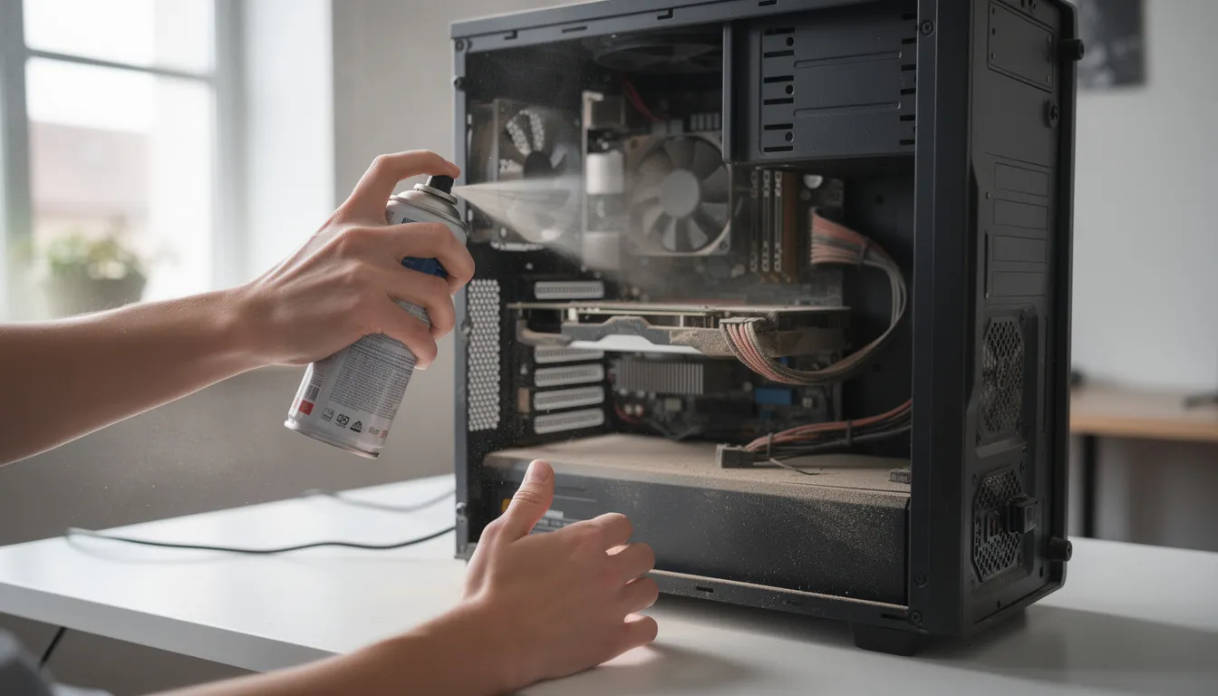 En person städar insidan av en stationär dator med hjälp av tryckluft för att ta bort damm och smuts. Detta kan hjälpa till att förhindra att problem uppstår, som en blå skärm, och säkerställa att datorn fungerar optimalt.