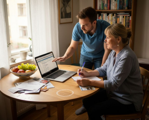 En tekniker gör hembesök för att hjälpa en kund med datorproblem.