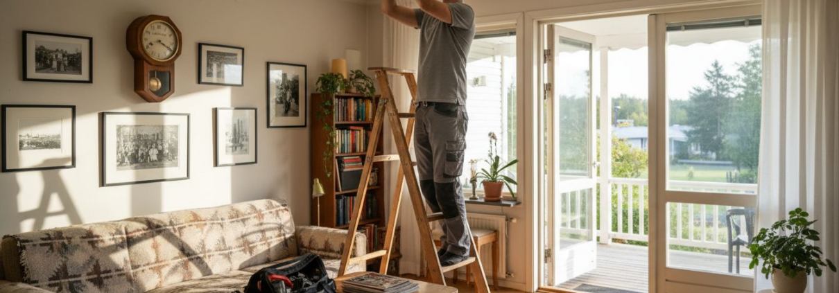 En tekniker installerar en WiFi-accesspunkt i vardagsrummet.