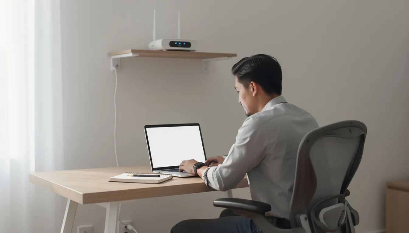 En person sitter vid ett skrivbord och arbetar med en bärbar dator, medan en router är synlig på hyllan bakom. Bilden illustrerar en vanlig arbetsmiljö där man kan stöta på problem med det trådlösa nätverket och behöver ansluta till internet.