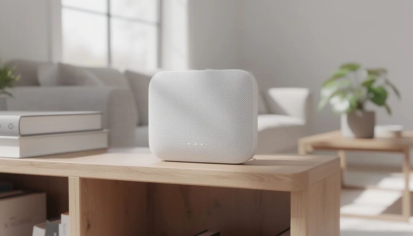 En modern vit mesh-router står på en bokhylla i ett vardagsrum, vilket visar hur trådlösa nätverk kan integreras i hemmet. Routern är en viktig enhet för att ansluta till internet och lösa problem med wi fi-anslutningen i hemmet.