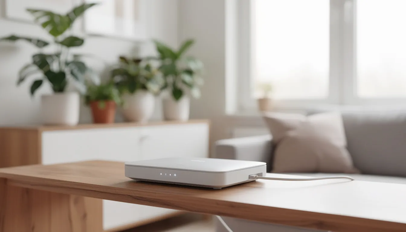 En trådlös router står på en hylla i ett ljust vardagsrum, omgiven av gröna växter. Routern är en viktig del av det trådlösa nätverket som gör att andra enheter kan ansluta till internet.