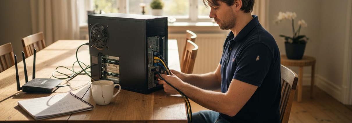 En IT-tekniker hjälper till att installera en ny dator hemma hos en kund i Danderyd.