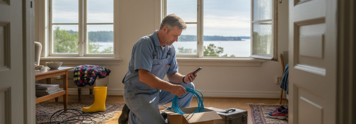 Nätverkstekniker på plats i villa i Vaxholm för att installera nytt nätverk