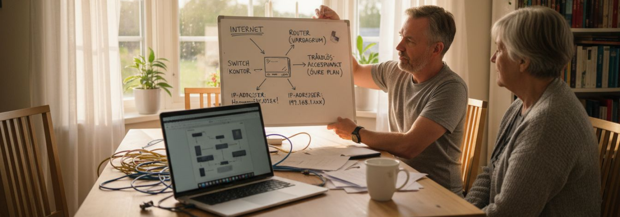 IT-tekniker hjälper till med att installera nätverk hemma hos kund i Österåker.
