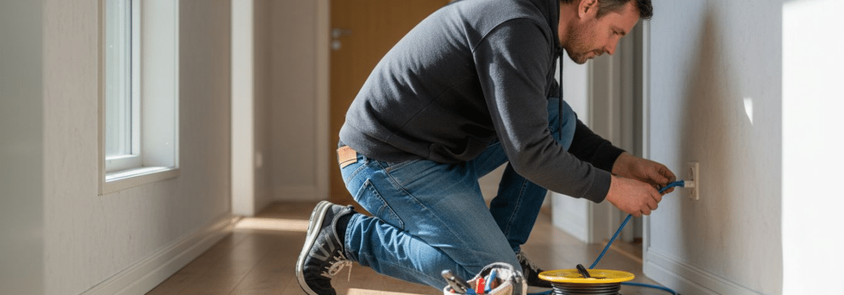 Man installerar elektrisk utrustning.