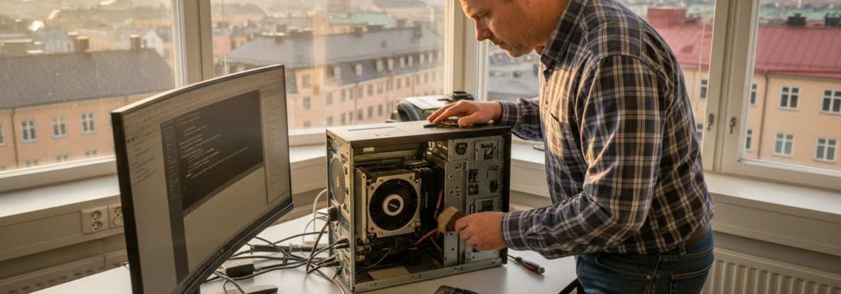 En IT-tekniker arbetar med att felsöka och åtgärda en dator på kontoret.