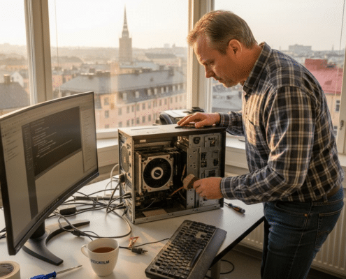 En IT-tekniker arbetar med att felsöka och åtgärda en dator på kontoret.