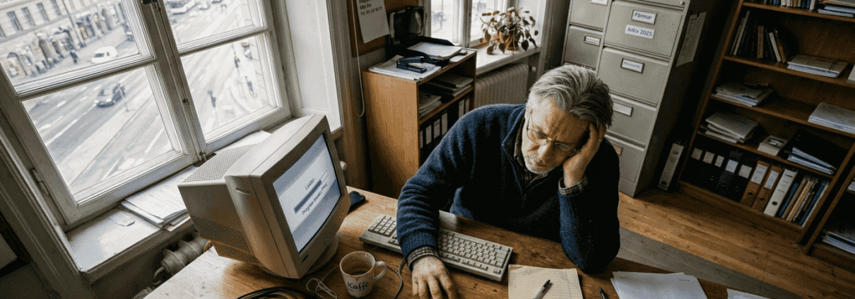 En person väntar vid långsam dator.