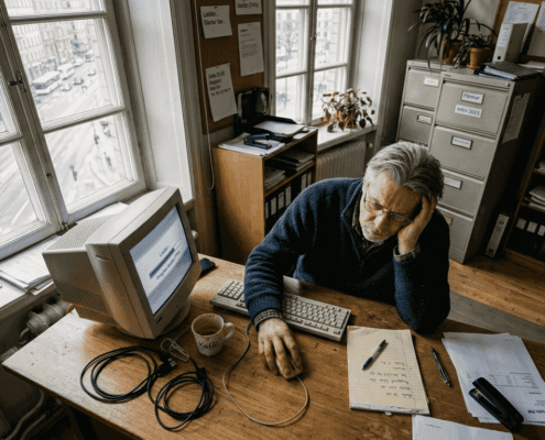 En person sitter frustrerad framför datorn på kontoret och väntar otåligt medan allt segar sig fram.