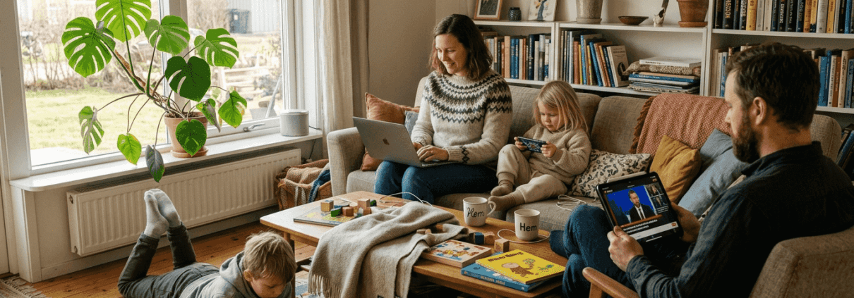 Familj använder wifi-enheter i vardagsrummet