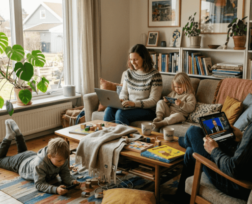 En familj sitter tillsammans i vardagsrummet och surfar på sina olika enheter via wifi.