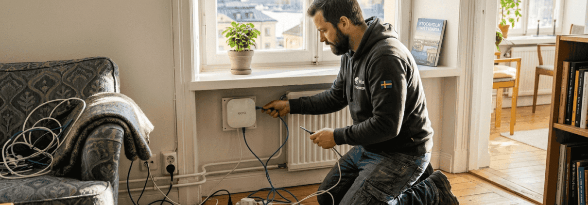Tekniker installerar wifi i lägenhet