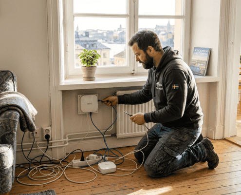 En tekniker installerar wifi i en lägenhet i Stockholm.