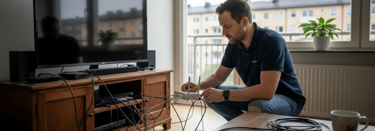 Man kopplar kablar i vardagsrum.