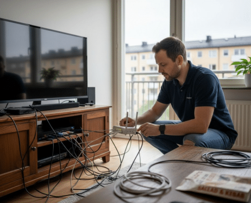 En tekniker felsöker en router i en lägenhet i Stockholm.