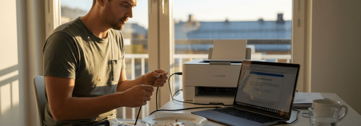 Man arbetar vid skrivbordet med frukost.