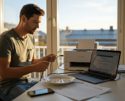 Sätter upp skrivaren vid köksbordet