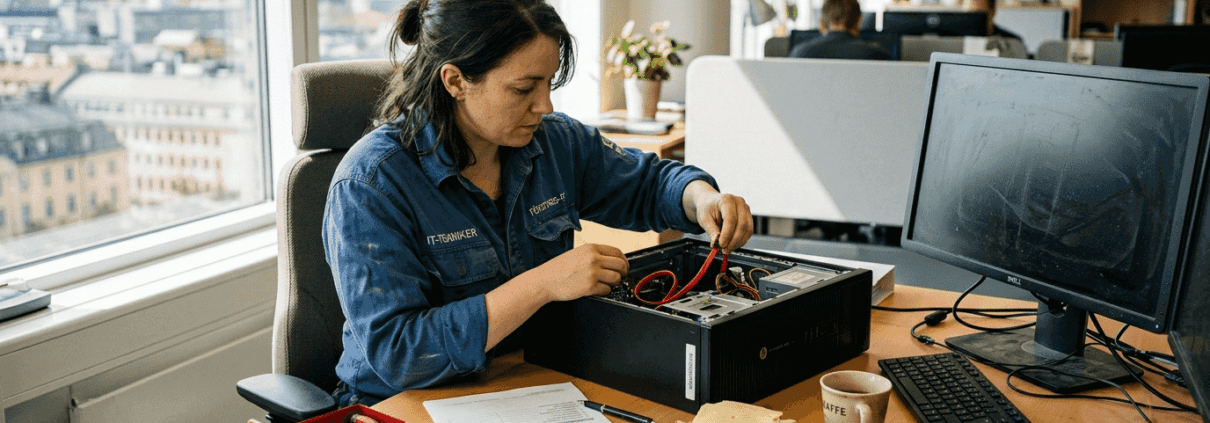 IT-tekniker reparerar dator på kontor