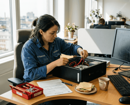En IT-tekniker fixar en dator som strular på kontoret.