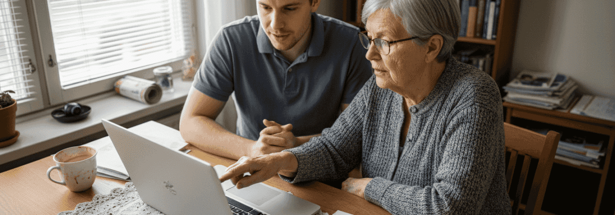 Äldre kvinna och ung man vid datorn