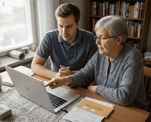 En äldre dam får hjälp med sina datorproblem hemma vid köksbordet.