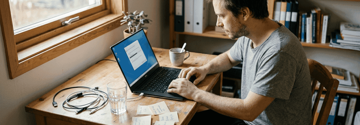 Man arbetar vid dator i hemmet.