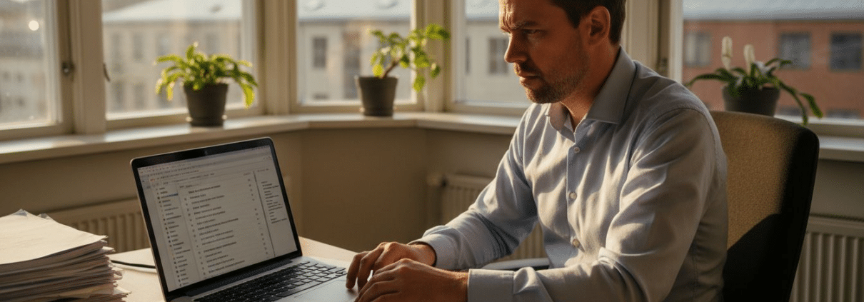 Man arbetar vid skrivbord i kontor