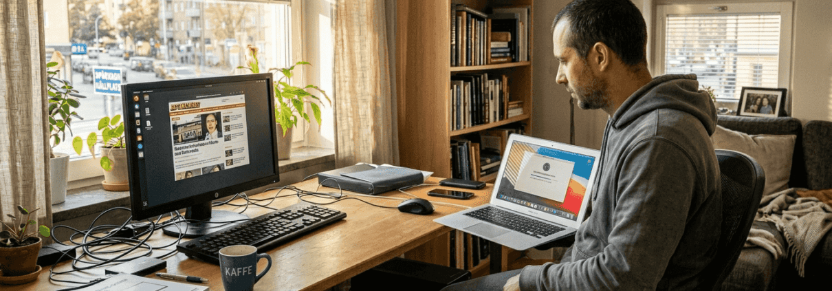 Man vid skrivbord med datorer