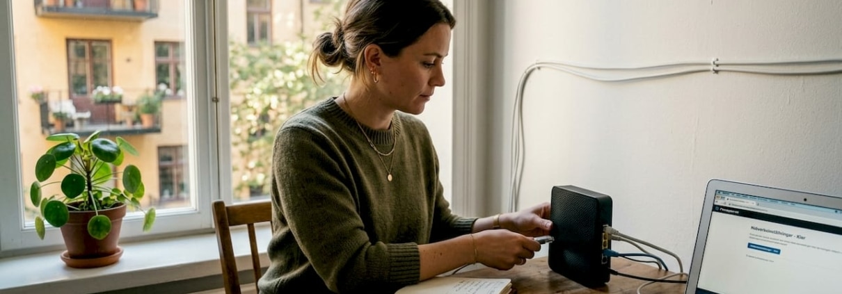 Kvinna installerar nätverk vid skrivbord.