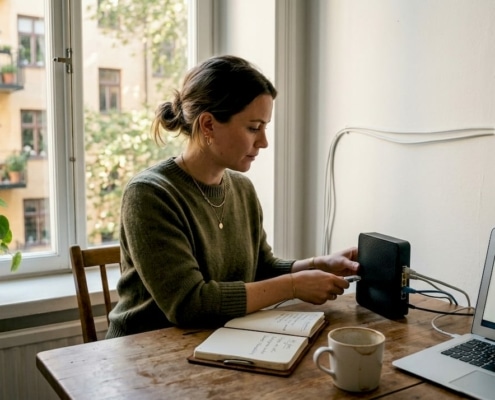 Kvinna installerar nätverk vid skrivbord.