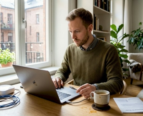 Man arbetar vid dator hemma.