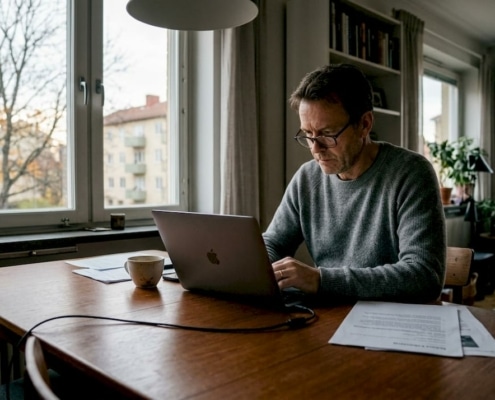 Man arbetar vid skrivbordet hemma.