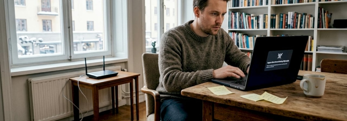 Varför kopplas WiFi ner hela tiden? Lösningar för Stockholm 1 Man arbetar med dator i vardagsrum.