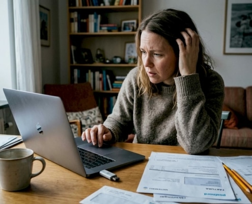 Kvinna kämpar med datorproblem hemma.