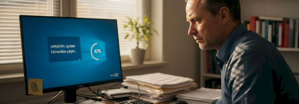 Man vid dator, uppdatering pågår.