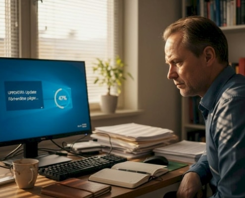 Man vid dator, uppdatering pågår.
